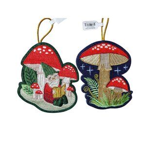New Set of 2 Seltzer Ornaments Gnome Reading Mushroom Red Cap Boho Embroidered